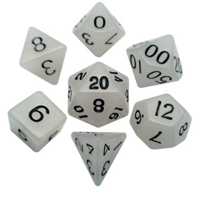 Dice: Acrylic 16mm 7pc Set: Glow in the Dark: Clear