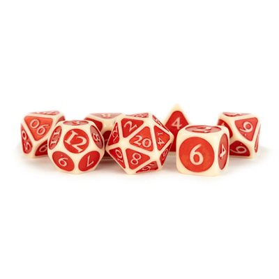 Dice: Enamel Acrylic 16mm 7pc Set: Ivory w / Red Enamel